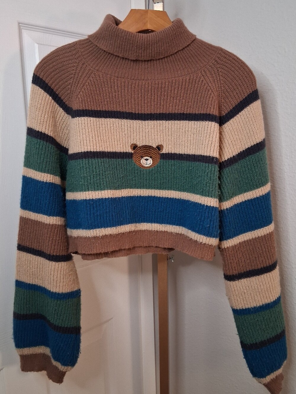 Striped Cropped Teddy Bear Turtleneck Sweater Small
